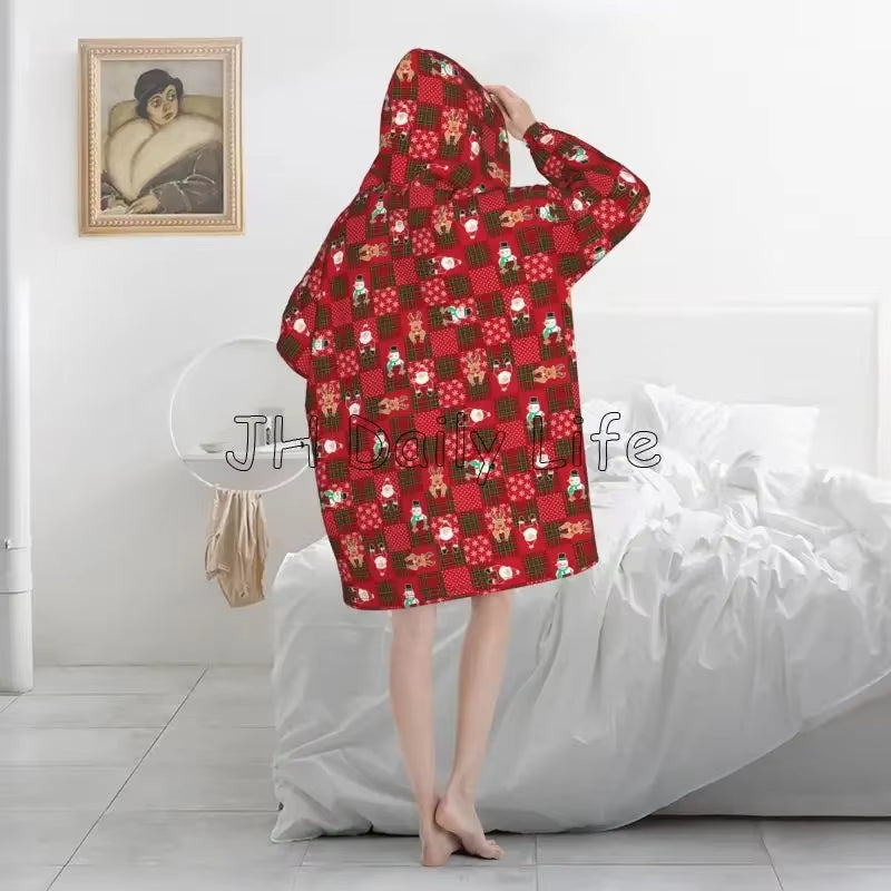 Merry Christmas Snowflake Deer Wearable Blanket Hoodie Snowman Santa Claus Oversized Sweatshirts Warm Cozy Fleece Sherpa Blanket