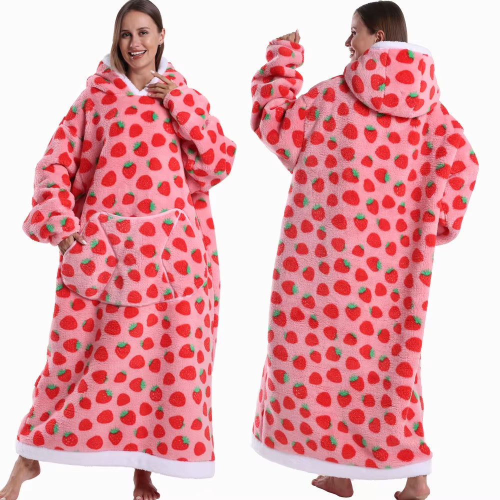 Adult Men Women Christmas Home Wear Clothing Winter Hooded Deer Snowman Print Sweatshirt Warm Fleece Fluffy Fuzzy Blanket Hoodie