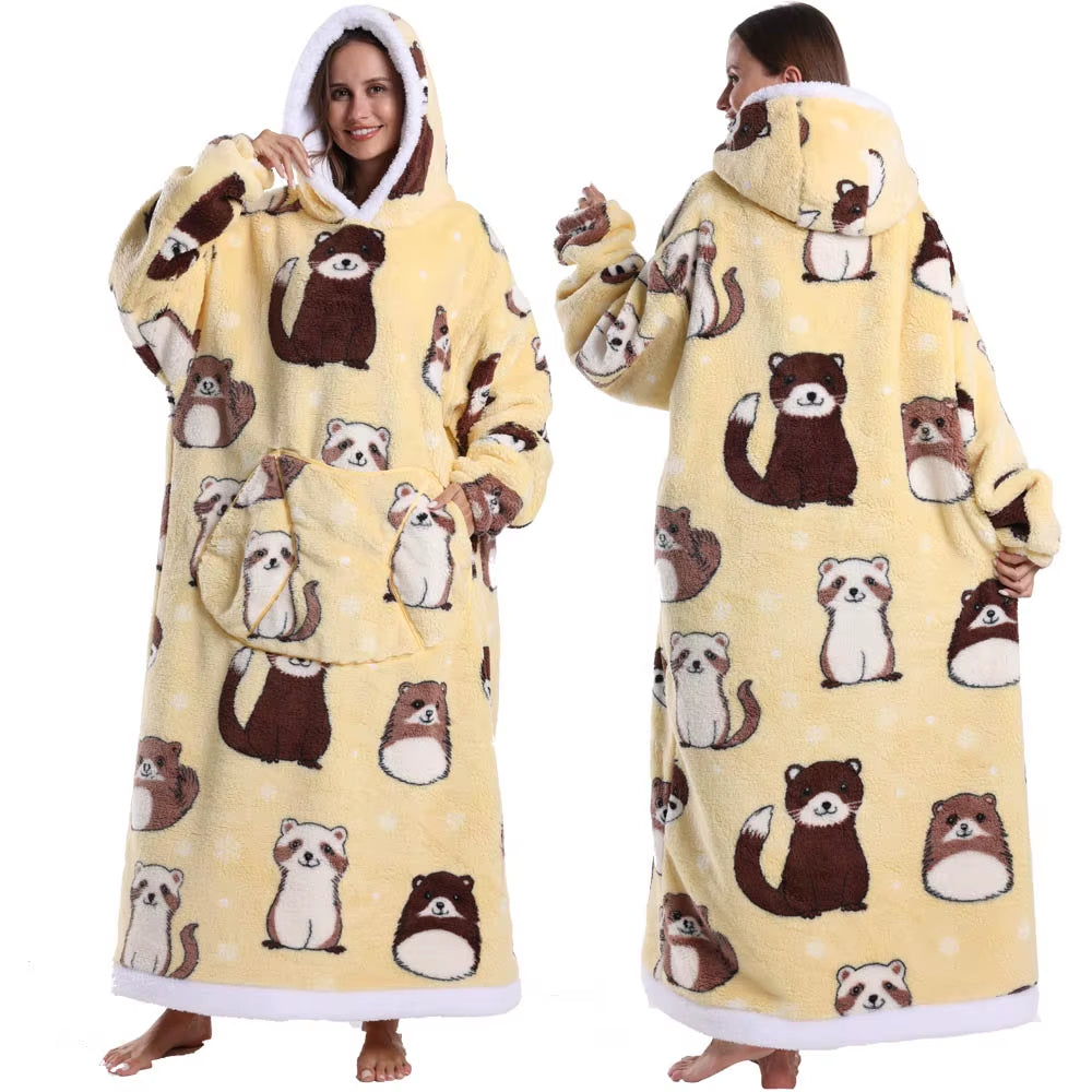 Adult Men Women Christmas Home Wear Clothing Winter Hooded Deer Snowman Print Sweatshirt Warm Fleece Fluffy Fuzzy Blanket Hoodie