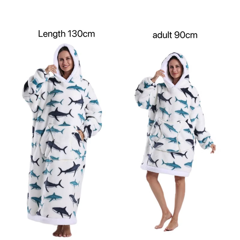 Holiday Printed Lazy Wearable Blanket Soft Sherpa Lined Hooded Blanket Sweatshirt Thick Warm Christmas Halloween Gift Blankets