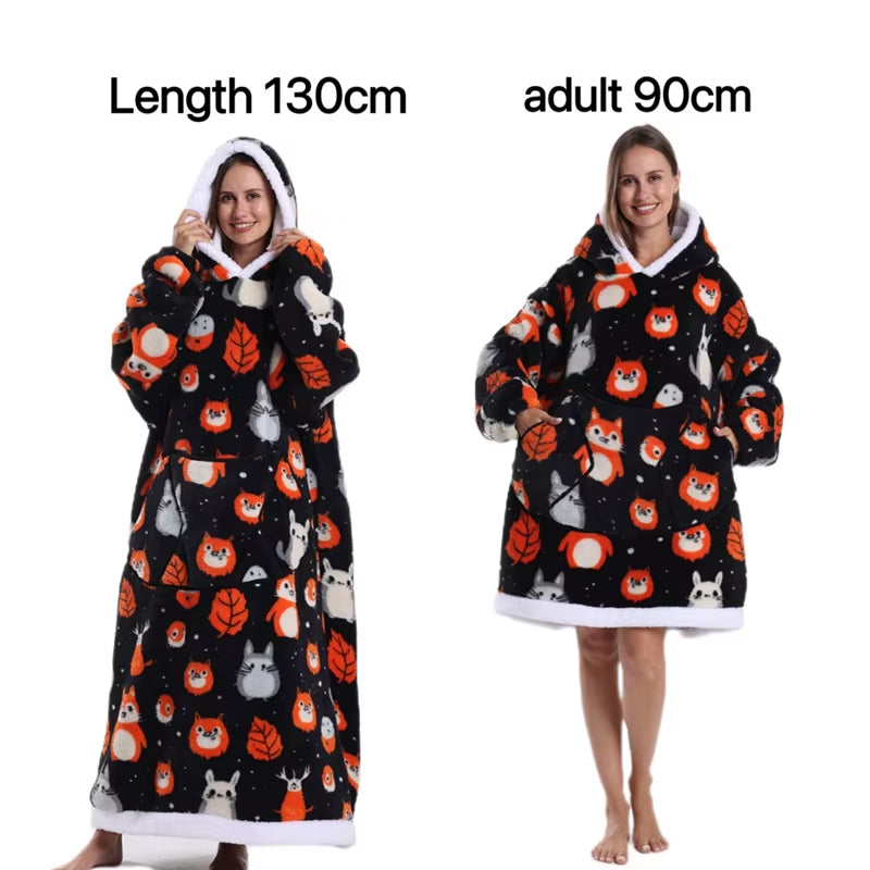 Holiday Printed Lazy Wearable Blanket Soft Sherpa Lined Hooded Blanket Sweatshirt Thick Warm Christmas Halloween Gift Blankets