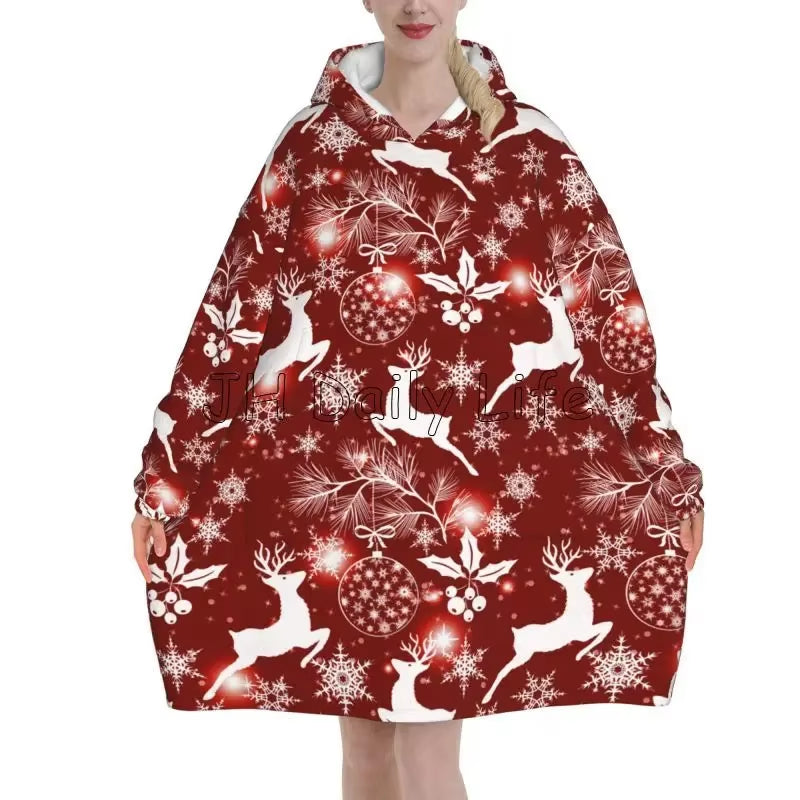 Merry Christmas Snowflake Deer Wearable Blanket Hoodie Snowman Santa Claus Oversized Sweatshirts Warm Cozy Fleece Sherpa Blanket