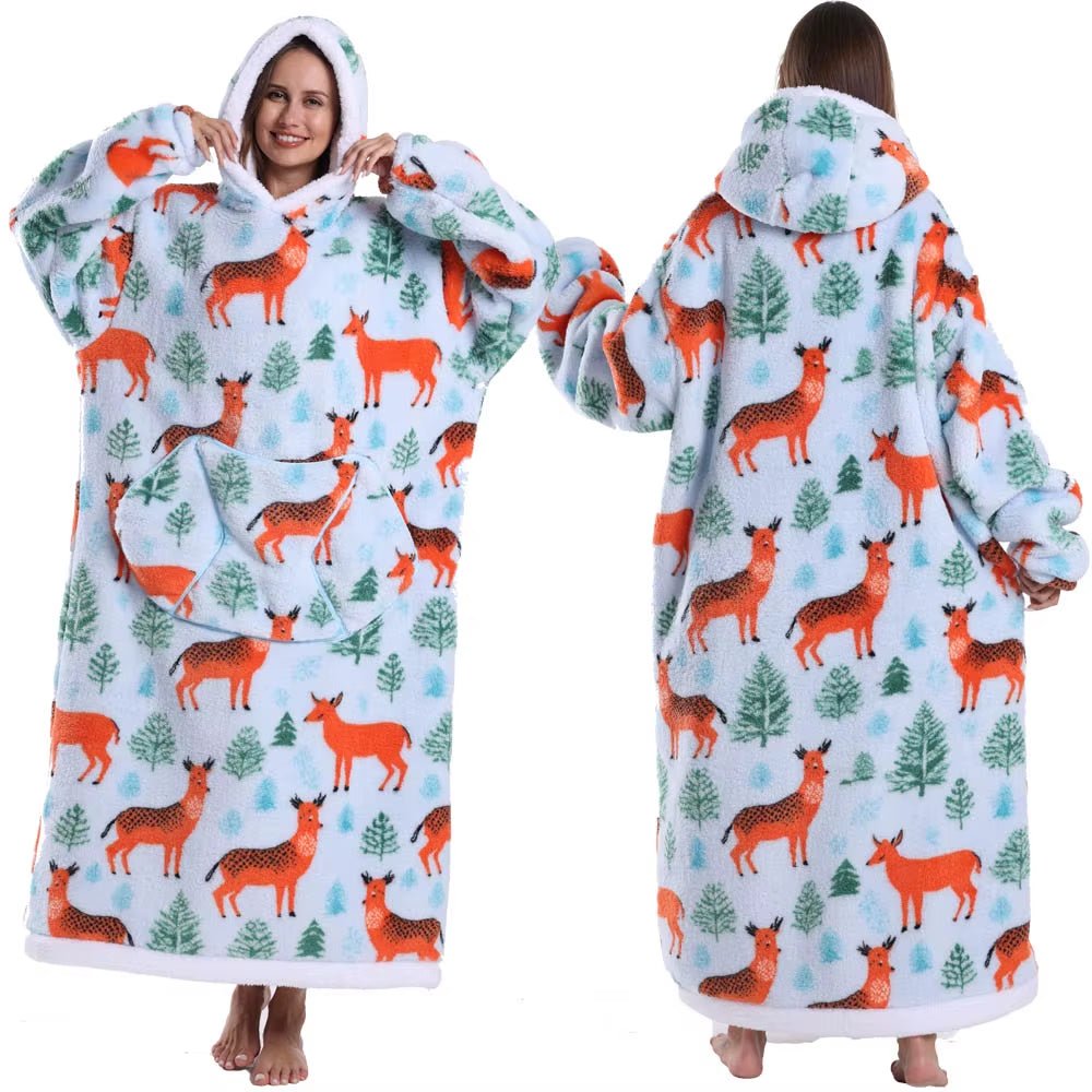 Adult Men Women Christmas Home Wear Clothing Winter Hooded Deer Snowman Print Sweatshirt Warm Fleece Fluffy Fuzzy Blanket Hoodie
