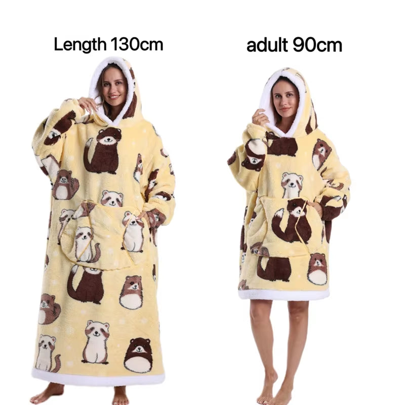 Holiday Printed Lazy Wearable Blanket Soft Sherpa Lined Hooded Blanket Sweatshirt Thick Warm Christmas Halloween Gift Blankets
