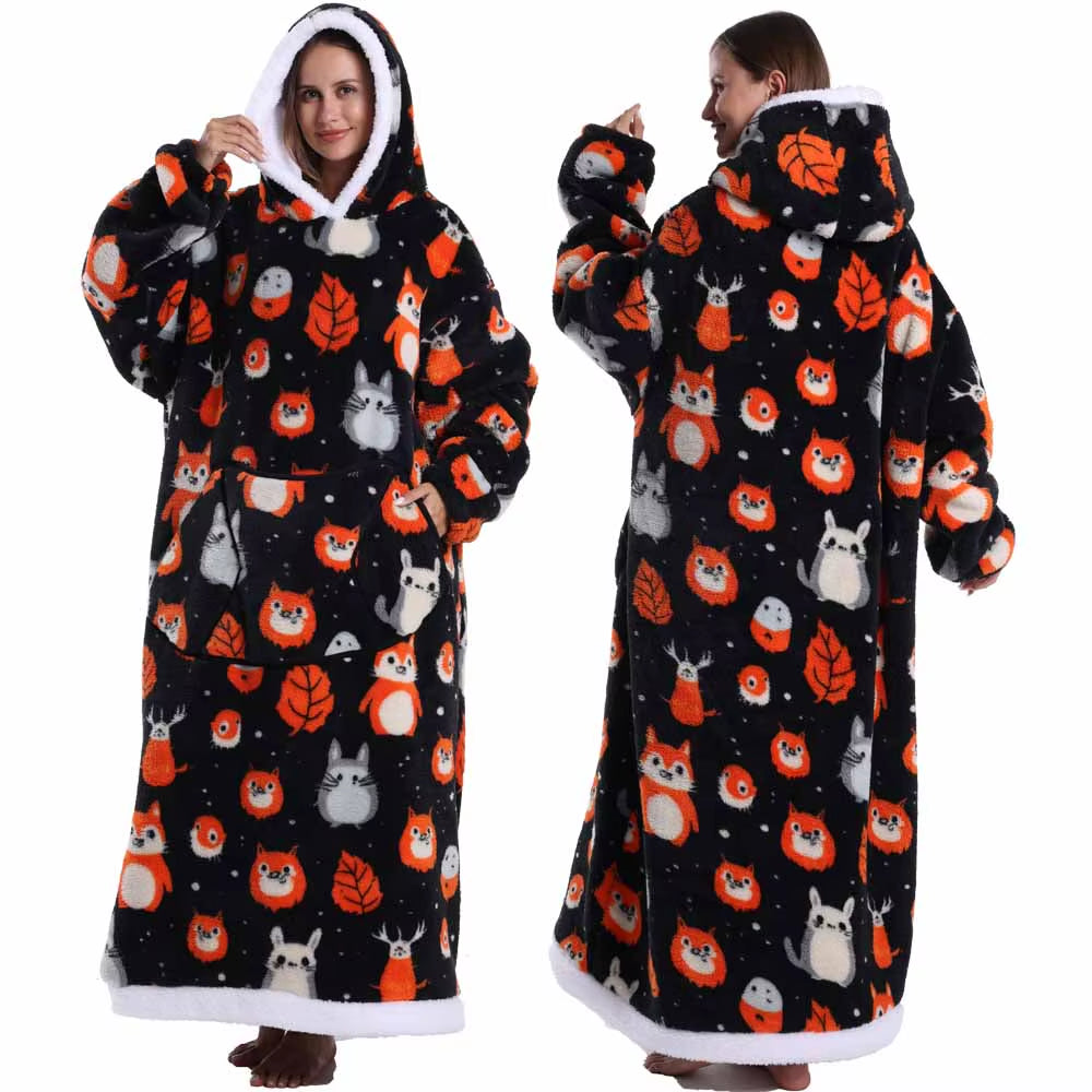 Adult Men Women Christmas Home Wear Clothing Winter Hooded Deer Snowman Print Sweatshirt Warm Fleece Fluffy Fuzzy Blanket Hoodie