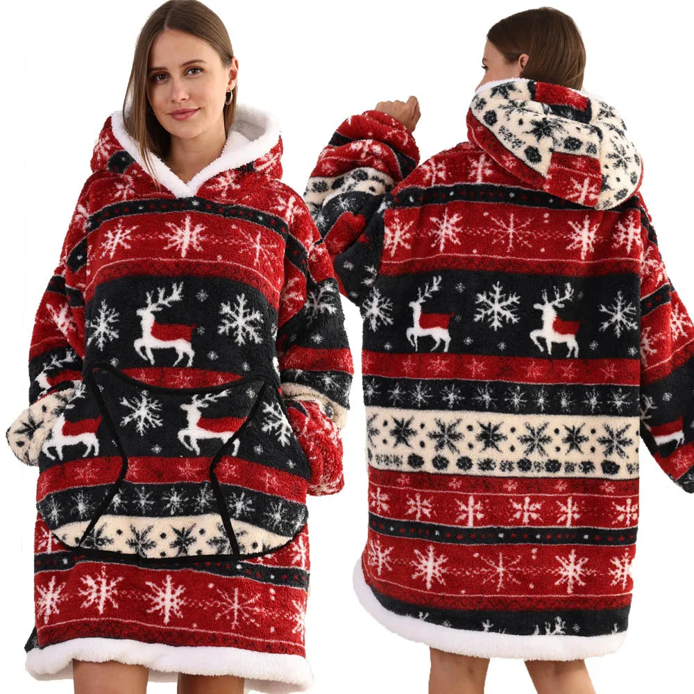 Short/Long Wearable Blankets Christmas Hoodies Winter Flannel Hooded Blanket with Full Sleeves Men Women Warm Adult TV Blanket