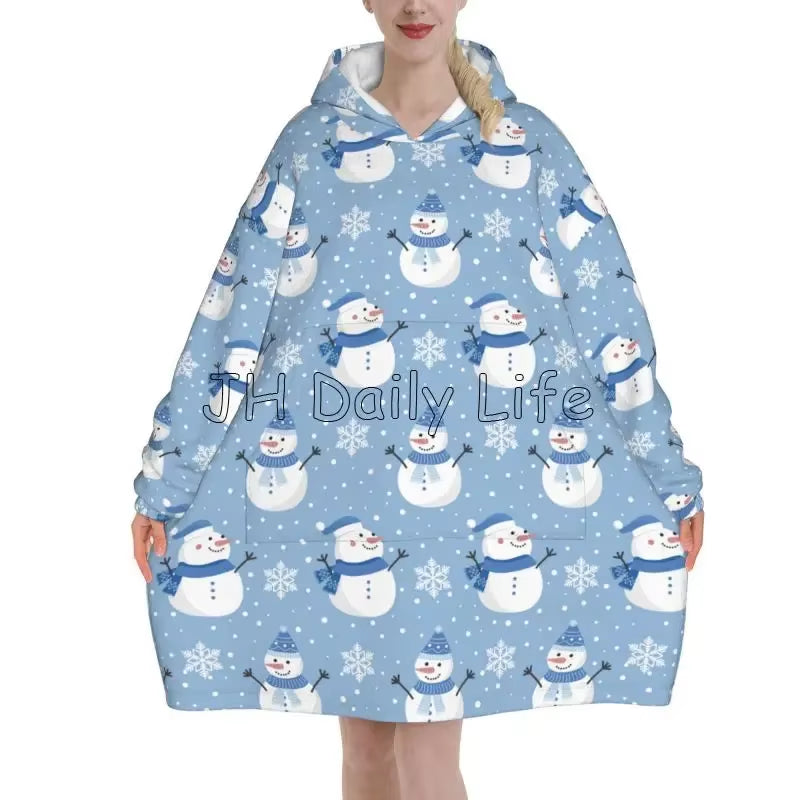 Merry Christmas Snowflake Deer Wearable Blanket Hoodie Snowman Santa Claus Oversized Sweatshirts Warm Cozy Fleece Sherpa Blanket