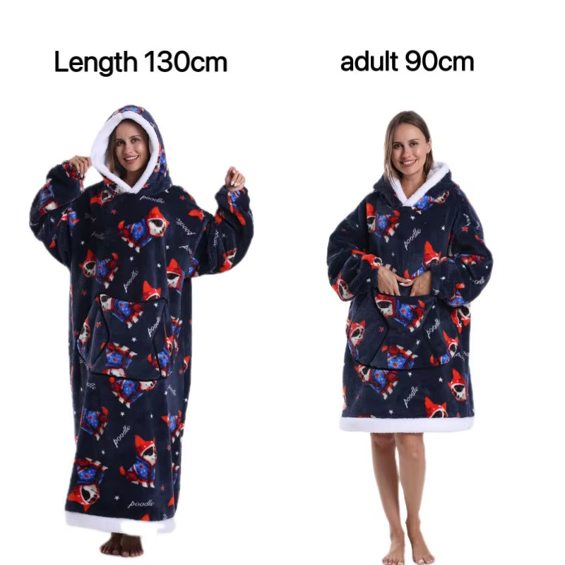 Holiday Printed Lazy Wearable Blanket Soft Sherpa Lined Hooded Blanket Sweatshirt Thick Warm Christmas Halloween Gift Blankets