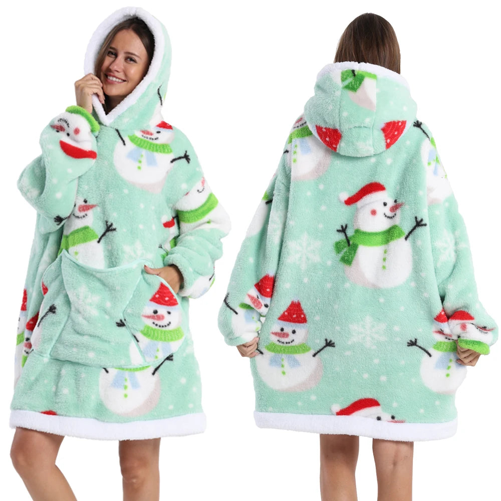 Short/Long Wearable Blankets Christmas Hoodies Winter Flannel Hooded Blanket with Full Sleeves Men Women Warm Adult TV Blanket