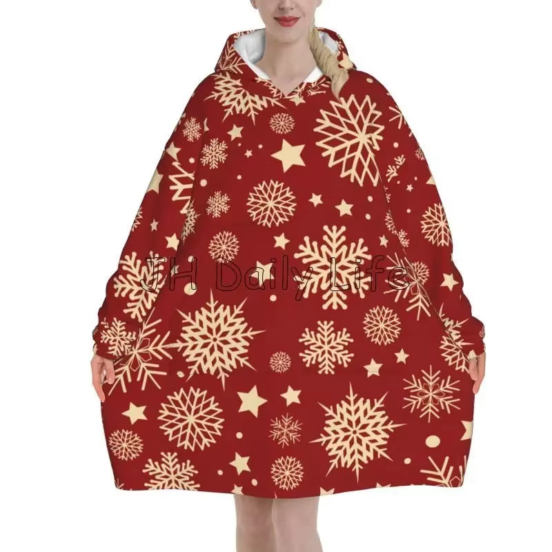 Merry Christmas Snowflake Deer Wearable Blanket Hoodie Snowman Santa Claus Oversized Sweatshirts Warm Cozy Fleece Sherpa Blanket
