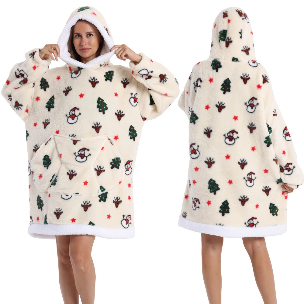 Short/Long Wearable Blankets Christmas Hoodies Winter Flannel Hooded Blanket with Full Sleeves Men Women Warm Adult TV Blanket