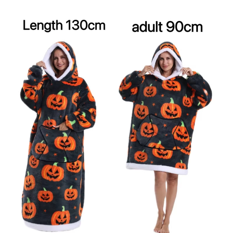 Holiday Printed Lazy Wearable Blanket Soft Sherpa Lined Hooded Blanket Sweatshirt Thick Warm Christmas Halloween Gift Blankets