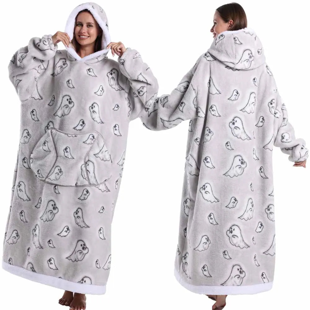 Halloween Oversized Blanket Hoodie for Adults Extra Long Plush Thick Wearable Blanket with Sleeves Women Men Winter Home Clothes