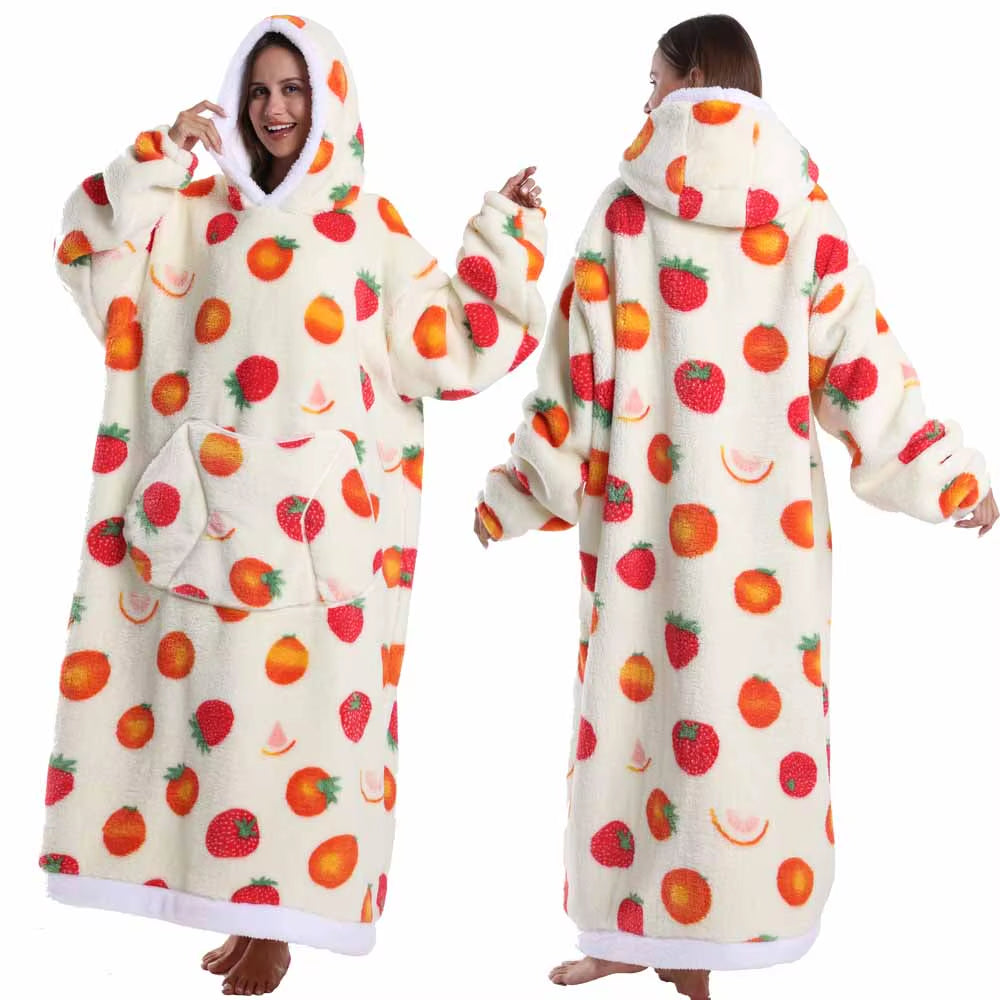 Adult Men Women Christmas Home Wear Clothing Winter Hooded Deer Snowman Print Sweatshirt Warm Fleece Fluffy Fuzzy Blanket Hoodie
