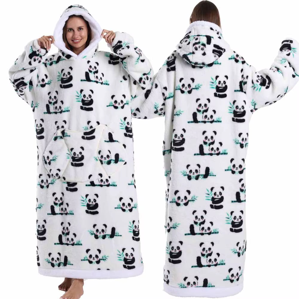 Adult Men Women Christmas Home Wear Clothing Winter Hooded Deer Snowman Print Sweatshirt Warm Fleece Fluffy Fuzzy Blanket Hoodie