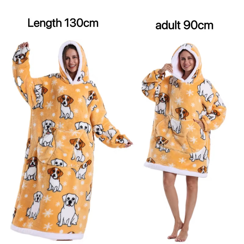 Holiday Printed Lazy Wearable Blanket Soft Sherpa Lined Hooded Blanket Sweatshirt Thick Warm Christmas Halloween Gift Blankets