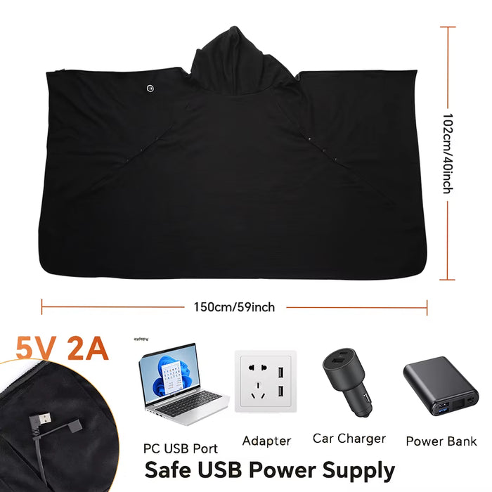 Electric Heated Hoodie Wearable Blanket 5V USB Warm Cape 3-Temp Graphene Heating Wrap for Lounging Travel Gift Idea