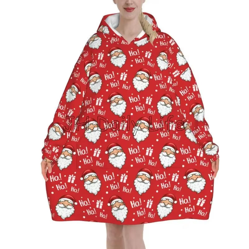 Merry Christmas Snowflake Deer Wearable Blanket Hoodie Snowman Santa Claus Oversized Sweatshirts Warm Cozy Fleece Sherpa Blanket