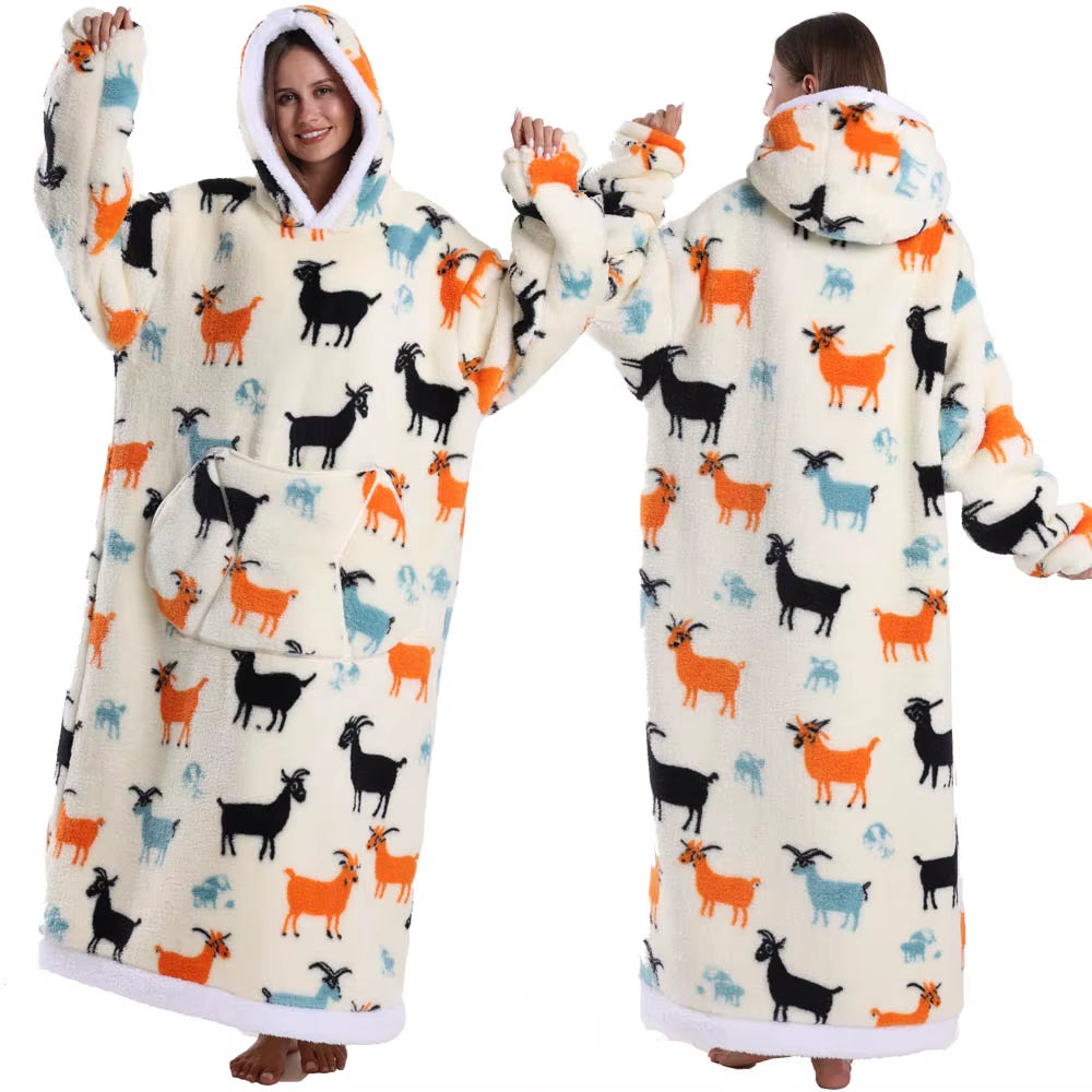 Adult Men Women Christmas Home Wear Clothing Winter Hooded Deer Snowman Print Sweatshirt Warm Fleece Fluffy Fuzzy Blanket Hoodie