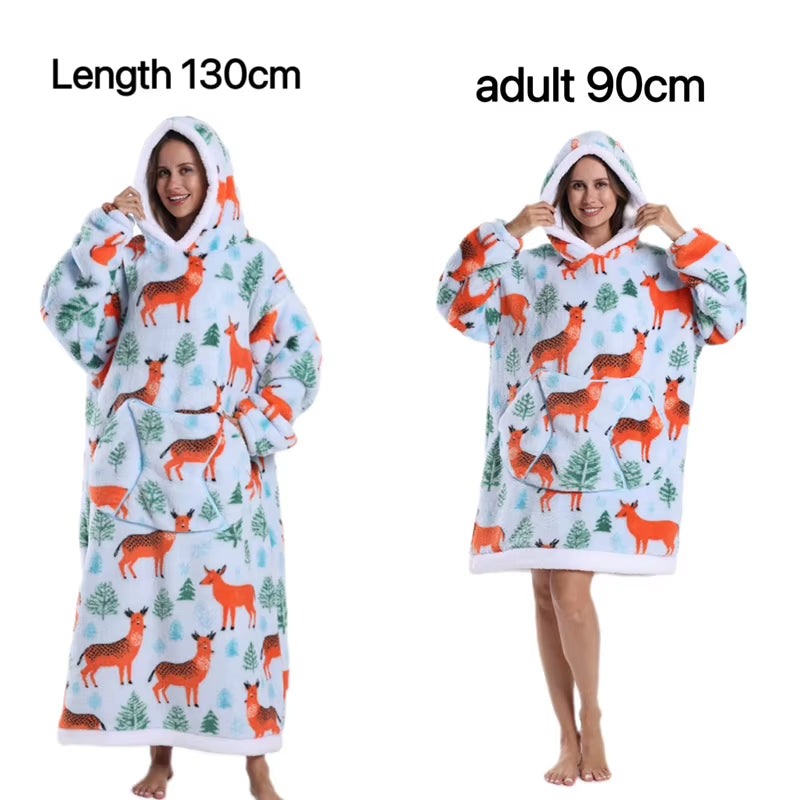 Holiday Printed Lazy Wearable Blanket Soft Sherpa Lined Hooded Blanket Sweatshirt Thick Warm Christmas Halloween Gift Blankets