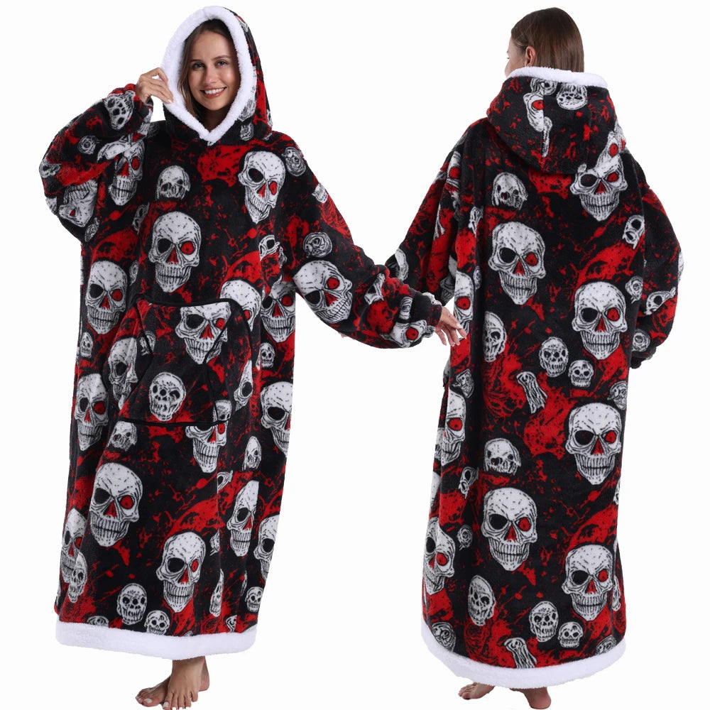 Halloween Oversized Blanket Hoodie for Adults Extra Long Plush Thick Wearable Blanket with Sleeves Women Men Winter Home Clothes
