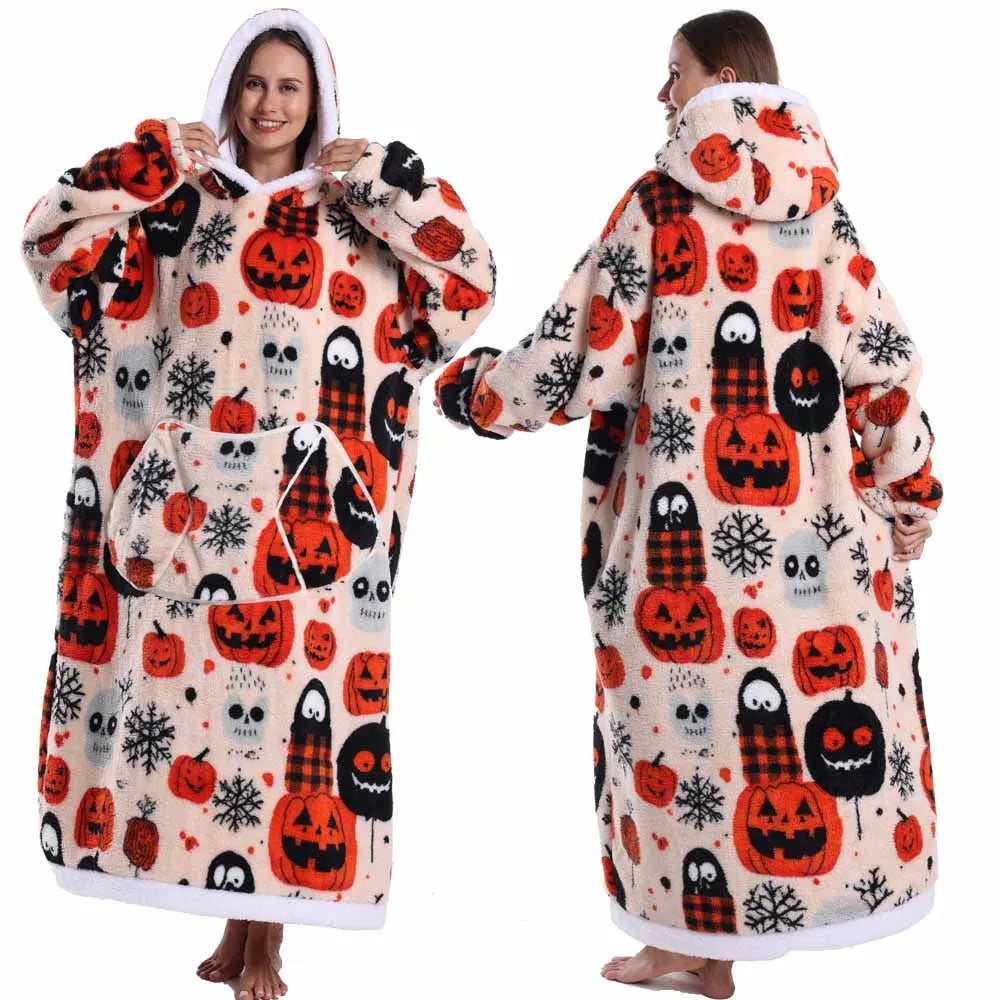 Halloween Oversized Blanket Hoodie for Adults Extra Long Plush Thick Wearable Blanket with Sleeves Women Men Winter Home Clothes