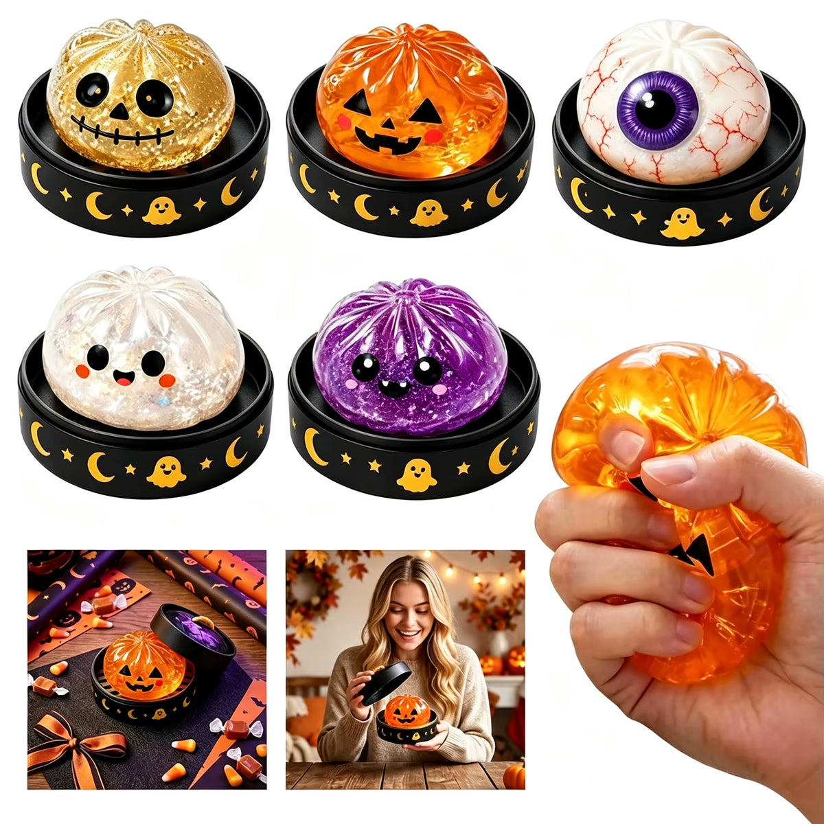New Halloween Dumpling Squeeze Squishy Toy, Cute Slow Rising Squeeze Stress Relief Sensory Toy, Soft Kawaii Halloween Fidget Toy