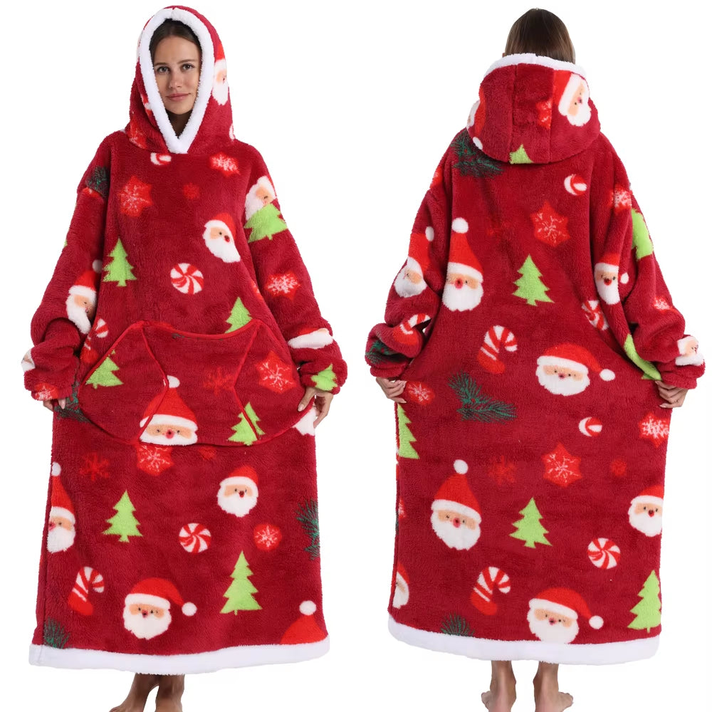 Adult Men Women Christmas Home Wear Clothing Winter Hooded Deer Snowman Print Sweatshirt Warm Fleece Fluffy Fuzzy Blanket Hoodie