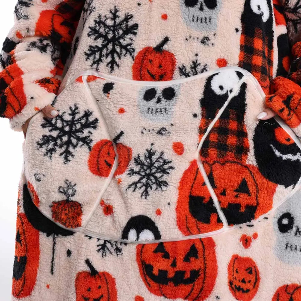 Halloween Oversized Blanket Hoodie for Adults Extra Long Plush Thick Wearable Blanket with Sleeves Women Men Winter Home Clothes
