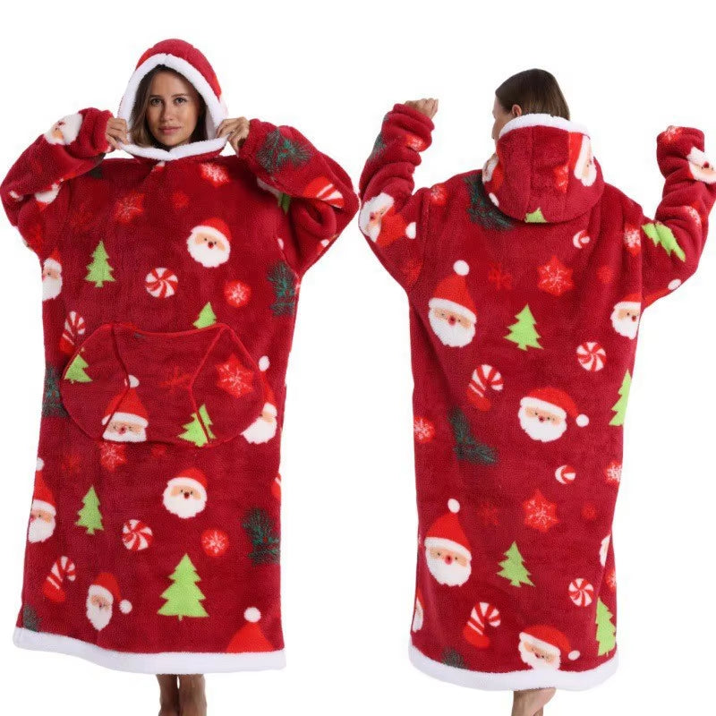 Holiday Printed Lazy Wearable Blanket Soft Sherpa Lined Hooded Blanket Sweatshirt Thick Warm Christmas Halloween Gift Blankets