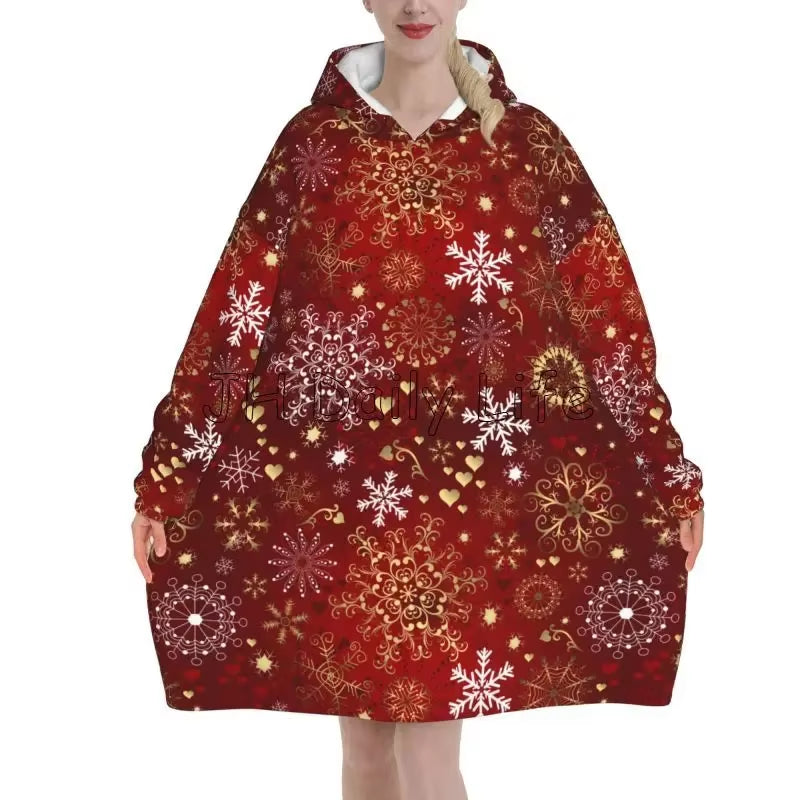 Merry Christmas Snowflake Deer Wearable Blanket Hoodie Snowman Santa Claus Oversized Sweatshirts Warm Cozy Fleece Sherpa Blanket