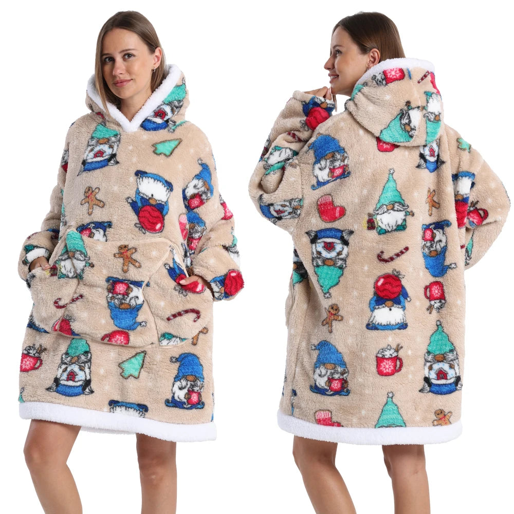 Short/Long Wearable Blankets Christmas Hoodies Winter Flannel Hooded Blanket with Full Sleeves Men Women Warm Adult TV Blanket