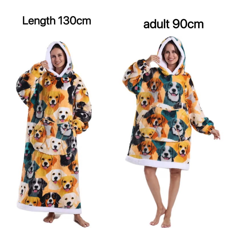 Holiday Printed Lazy Wearable Blanket Soft Sherpa Lined Hooded Blanket Sweatshirt Thick Warm Christmas Halloween Gift Blankets