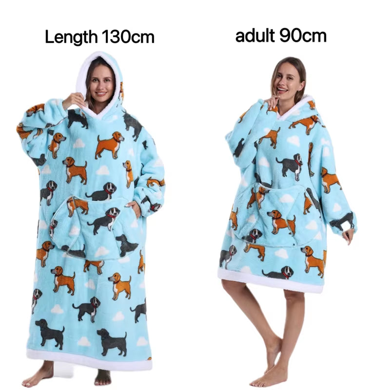 Holiday Printed Lazy Wearable Blanket Soft Sherpa Lined Hooded Blanket Sweatshirt Thick Warm Christmas Halloween Gift Blankets