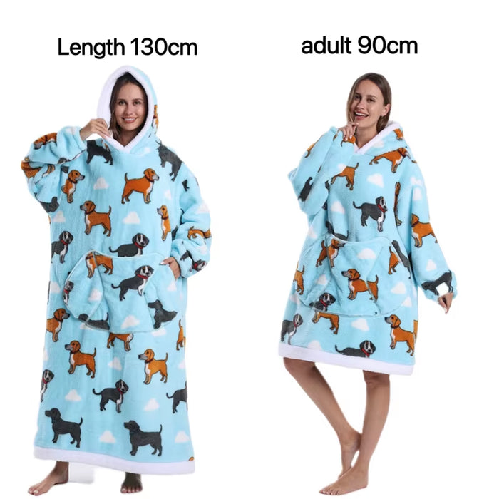Holiday Printed Lazy Wearable Blanket Soft Sherpa Lined Hooded Blanket Sweatshirt Thick Warm Christmas Halloween Gift Blankets