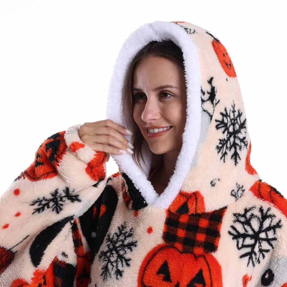 Halloween Oversized Blanket Hoodie for Adults Extra Long Plush Thick Wearable Blanket with Sleeves Women Men Winter Home Clothes