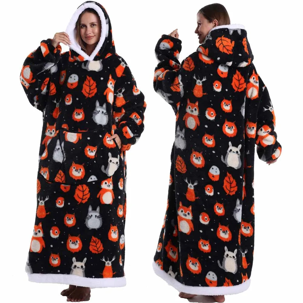 Halloween Oversized Blanket Hoodie for Adults Extra Long Plush Thick Wearable Blanket with Sleeves Women Men Winter Home Clothes