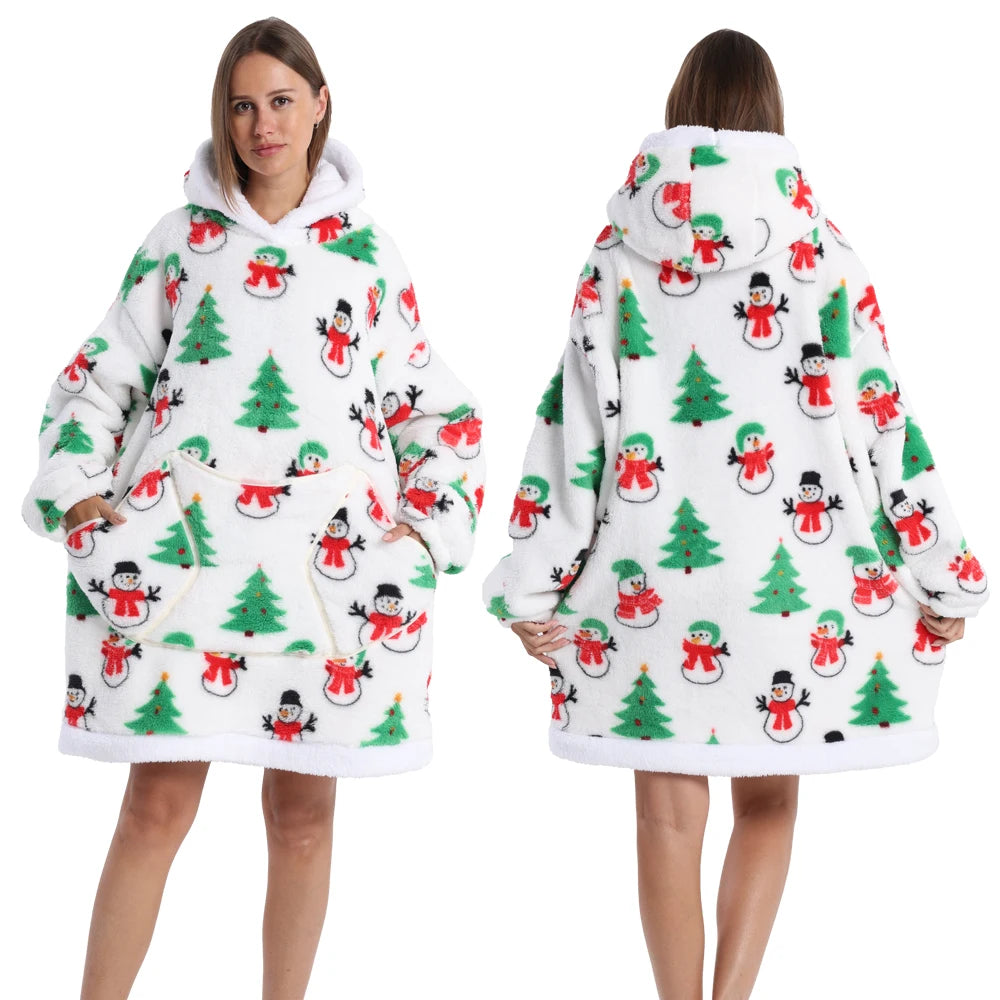 Short/Long Wearable Blankets Christmas Hoodies Winter Flannel Hooded Blanket with Full Sleeves Men Women Warm Adult TV Blanket