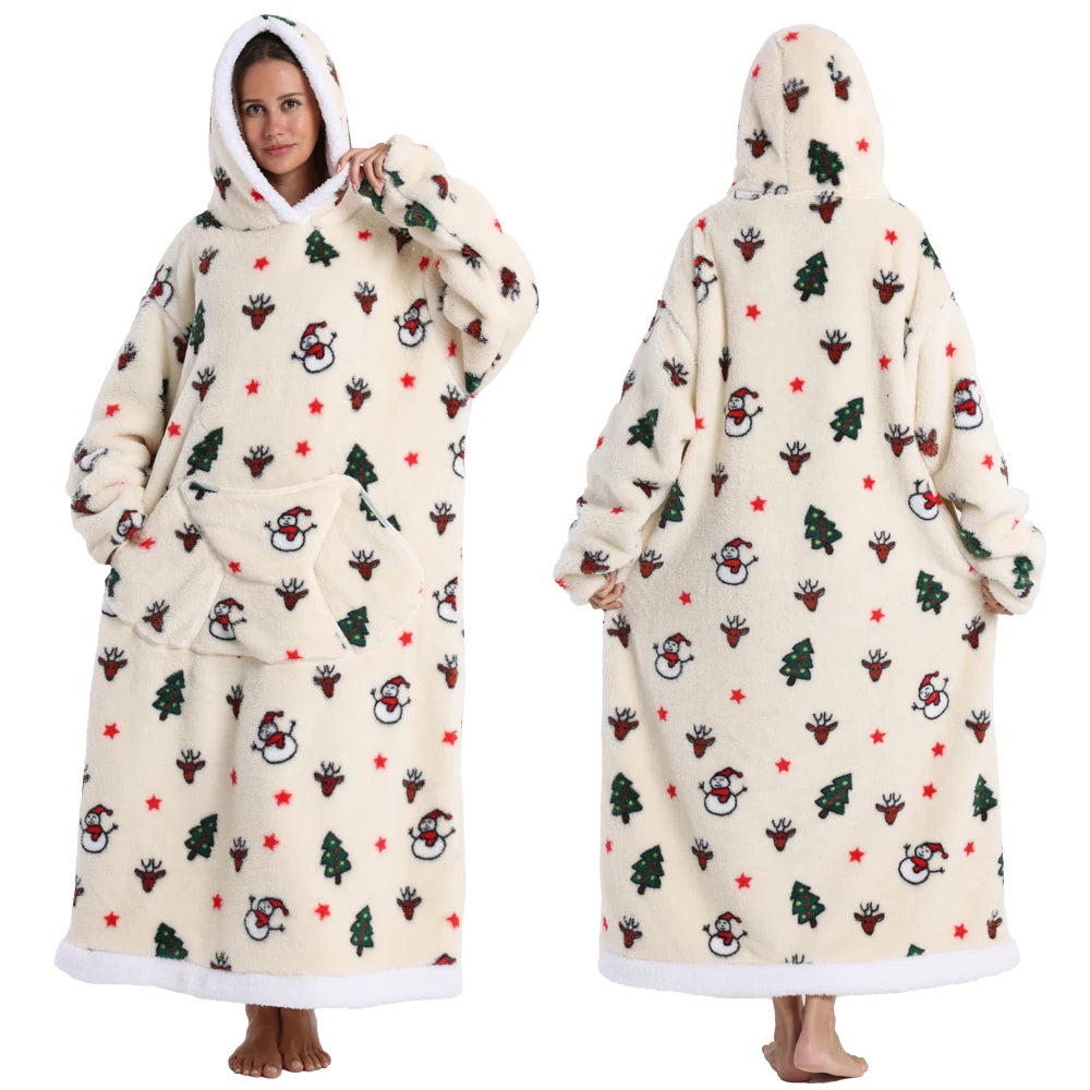 Short/Long Wearable Blankets Christmas Hoodies Winter Flannel Hooded Blanket with Full Sleeves Men Women Warm Adult TV Blanket
