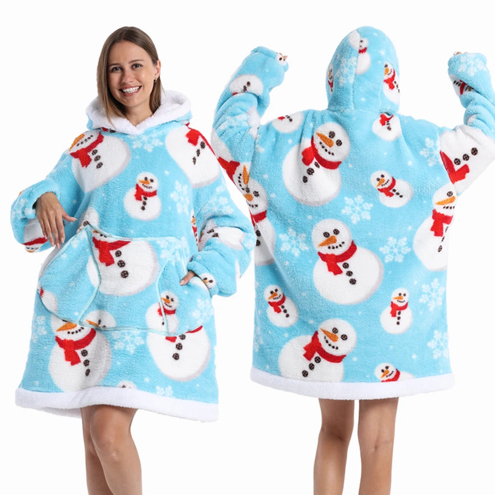 Short/Long Wearable Blankets Christmas Hoodies Winter Flannel Hooded Blanket with Full Sleeves Men Women Warm Adult TV Blanket