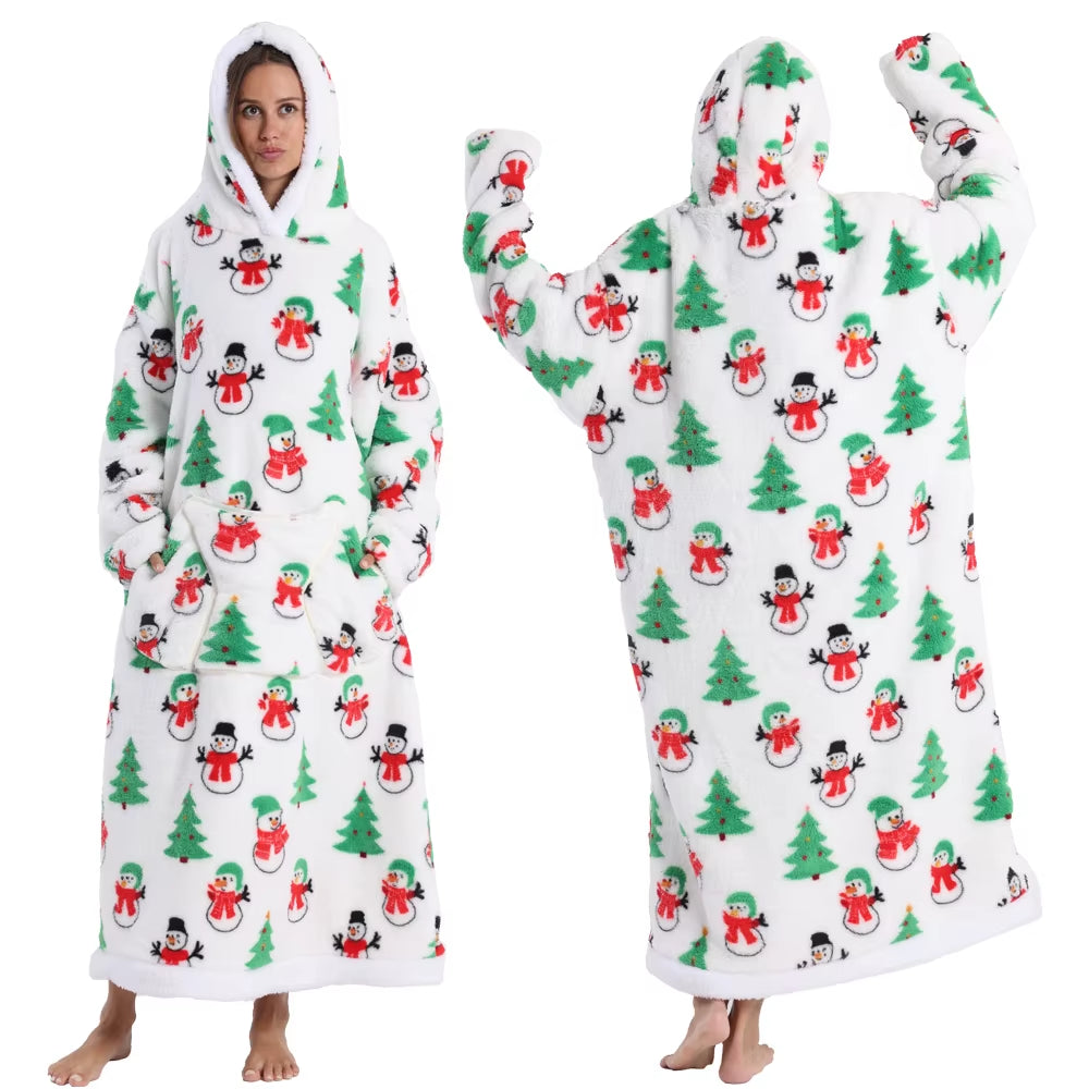 Adult Men Women Christmas Home Wear Clothing Winter Hooded Deer Snowman Print Sweatshirt Warm Fleece Fluffy Fuzzy Blanket Hoodie