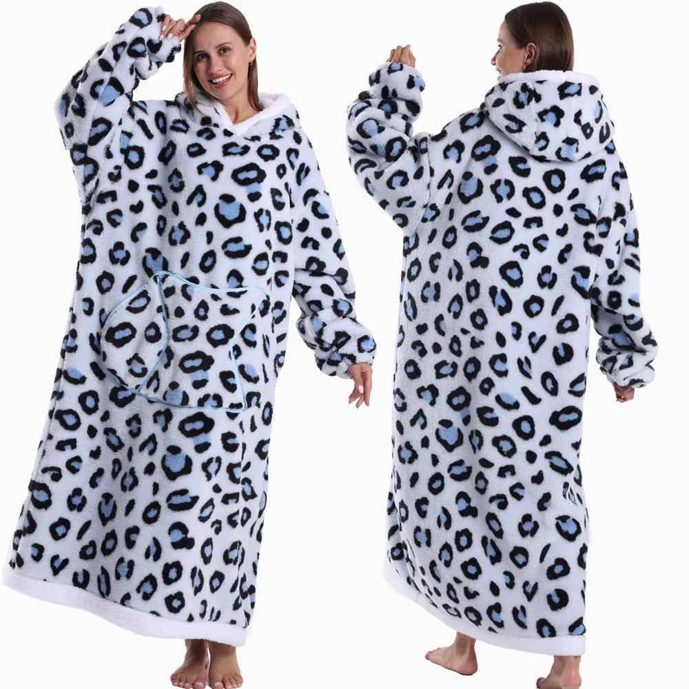 Adult Men Women Christmas Home Wear Clothing Winter Hooded Deer Snowman Print Sweatshirt Warm Fleece Fluffy Fuzzy Blanket Hoodie