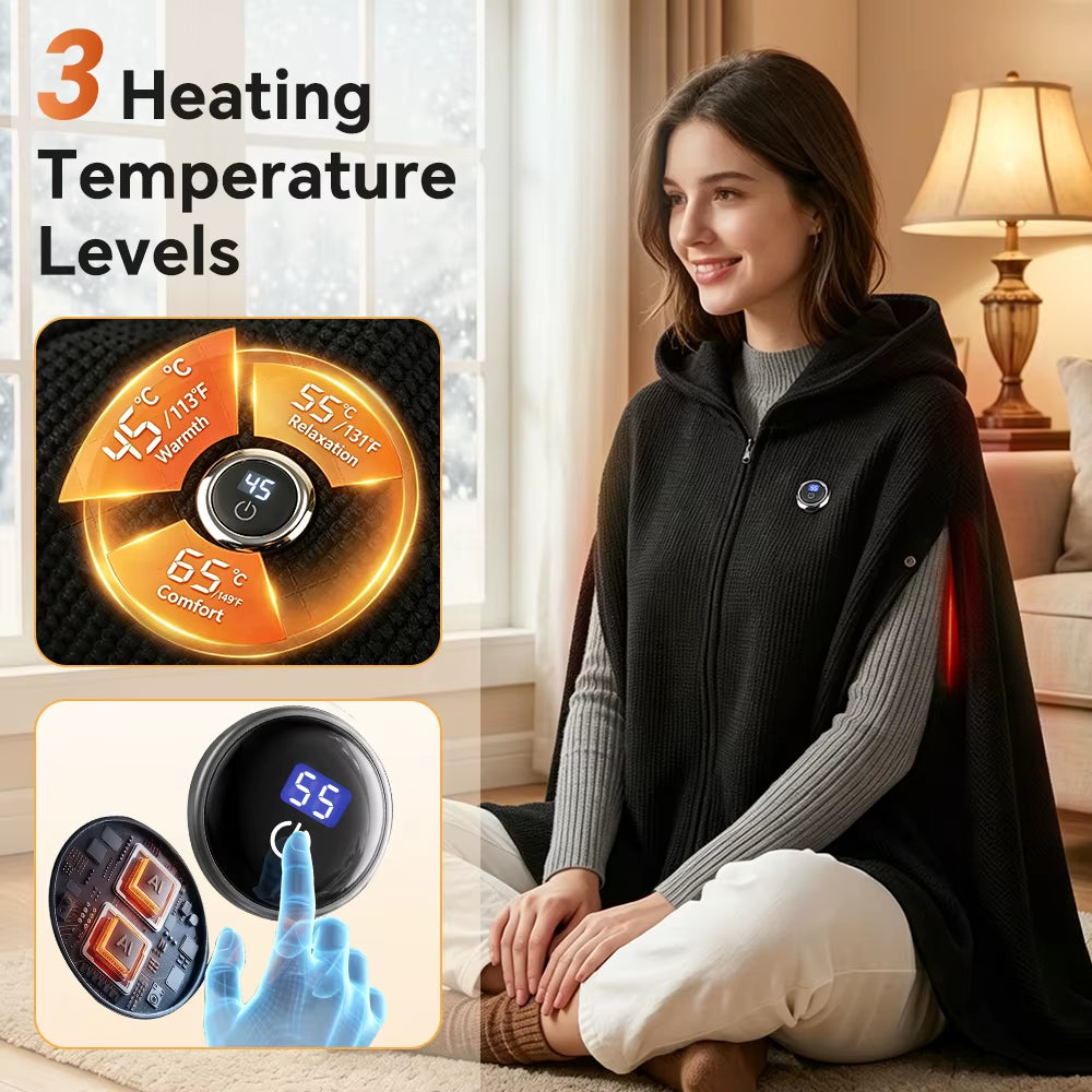 Electric Heated Hoodie Wearable Blanket 5V USB Warm Cape 3-Temp Graphene Heating Wrap for Lounging Travel Gift Idea