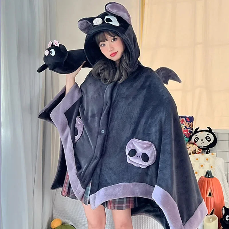 Kawaii Cartoon Bat Y2K Blanket Plush Pajamas Anime Cloak Costume Halloween Cloak for Adults Winter Ponchos Women Hooded Cape