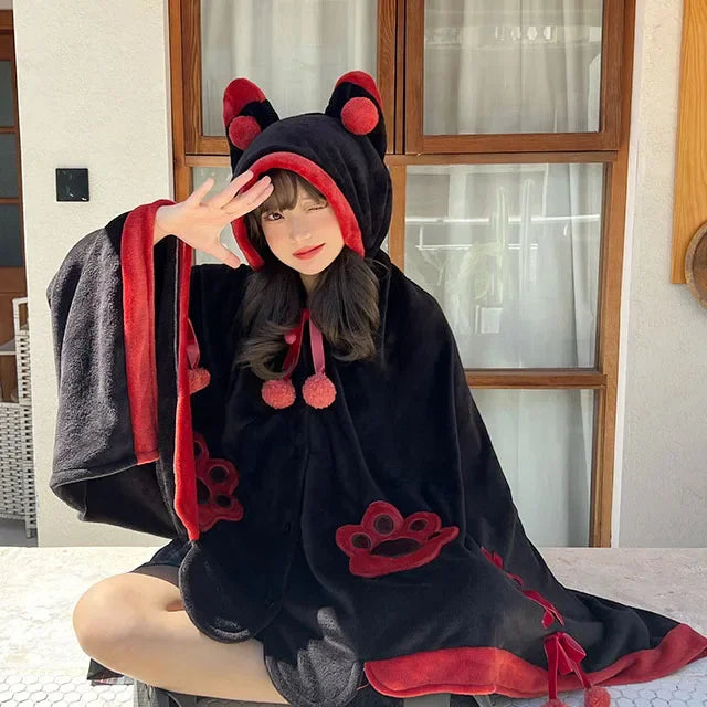 Kawaii Cartoon Bat Y2K Blanket Plush Pajamas Anime Cloak Costume Halloween Cloak for Adults Winter Ponchos Women Hooded Cape