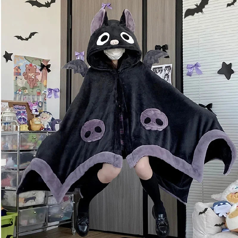 Kawaii Cartoon Bat Y2K Blanket Plush Pajamas Anime Cloak Costume Halloween Cloak for Adults Winter Ponchos Women Hooded Cape