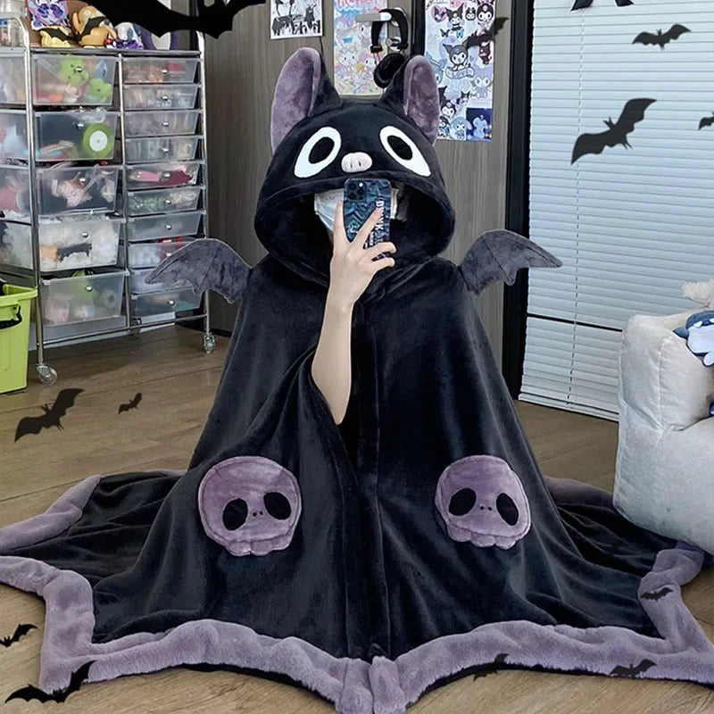 Kawaii Cartoon Bat Y2K Blanket Plush Pajamas Anime Cloak Costume Halloween Cloak for Adults Winter Ponchos Women Hooded Cape