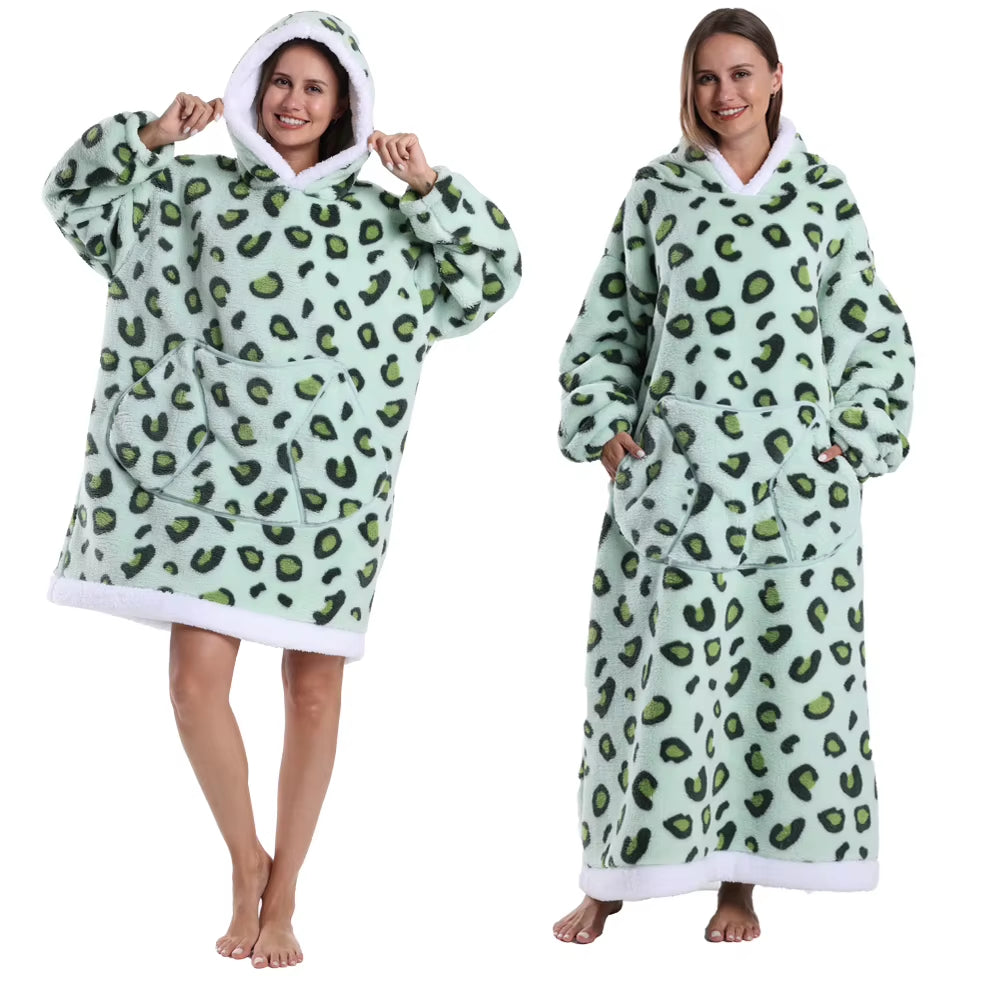 Short/Long Wearable Blankets Christmas Hoodies Winter Flannel Hooded Blanket with Full Sleeves Men Women Warm Adult TV Blanket