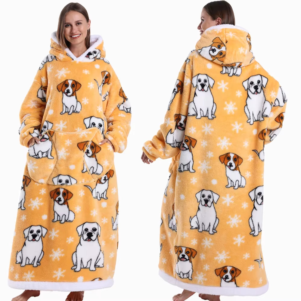 Adult Men Women Christmas Home Wear Clothing Winter Hooded Deer Snowman Print Sweatshirt Warm Fleece Fluffy Fuzzy Blanket Hoodie