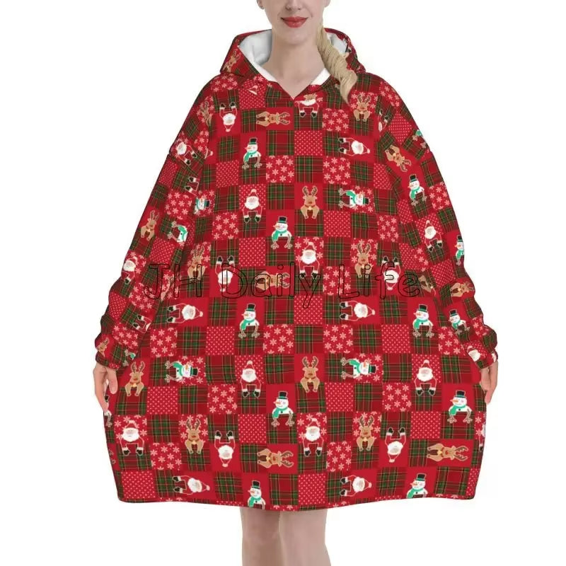 Merry Christmas Snowflake Deer Wearable Blanket Hoodie Snowman Santa Claus Oversized Sweatshirts Warm Cozy Fleece Sherpa Blanket